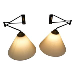René Mathieu Pair Of Articulated Arm Wall Sconces, Lunel Arlus, France