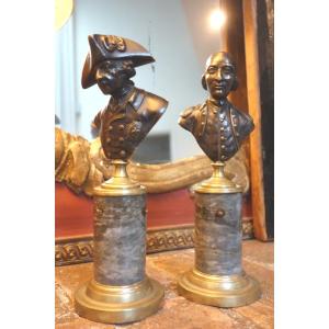 Pair Of Bronze Busts On Marble Bases From The 19th Century