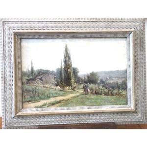 Painting "walk In The Countryside", Oil On Canvas 19th Century