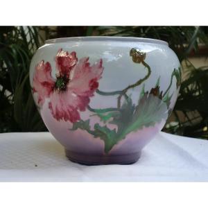 Large Cache Pot, With Poppies, Jérôme Massier In Vallauris