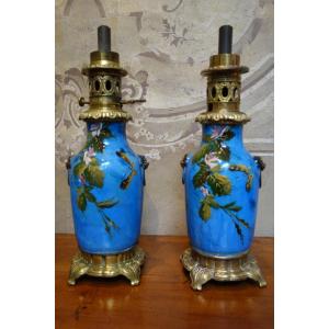 Pair Of Earthenware Lamps From Montigny Sur Loin, 19th Century