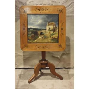 Cherrywood Pedestal Table Painted With A 19th Century Landscape