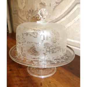 Cheese Dome On Its Stand, Engraved Bohemian Crystal, 19th Century