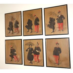 Serie Of Six Humorous Gouaches Of The Late XIXème