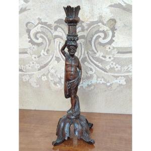 Statuette Of Man In Carved Wood Forming Flambeau Nineteenth