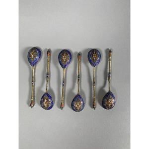 Lot Of 6 Spoons In Russian Enameled Silver 19th Century