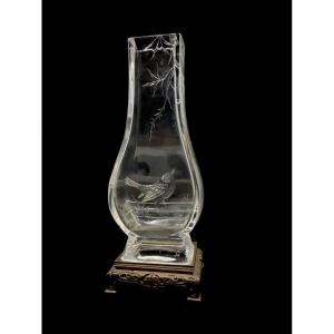 Japanese Engraved Crystal Vase Attributed To Made By Maison l'Escalier De Cristal