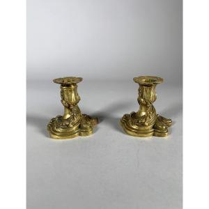 Louis XV Rocaille Style Candlesticks In Gilt Bronze, 19th Century