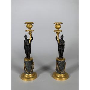 Pair Of Louis XVI Period Marble And Gilt Bronze Candlesticks, "chinoiserie".