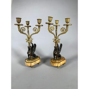 Pair Of Candelabra With Sphinxes In Gilt Bronze, Early 19th Century Restoration Period