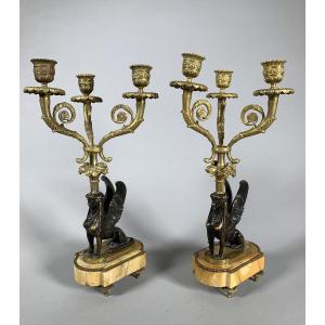 Pair Of Candelabra With Sphinxes In Gilt Bronze, Early 19th Century Restoration Period