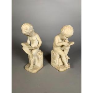 Two 19th Century Marble Sculptures The Child Scribe And The Reader After Lemire