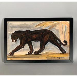 Jean Royer (20th Century) Drawing Of A Panther In Motion Modern Charcoal