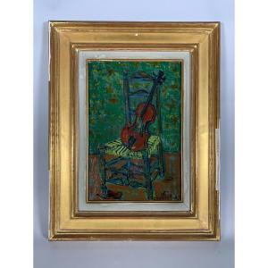 Paul Aizpiri (1919-2016) Violin On Chair Oil Painting On Canvas Modern 20th Century
