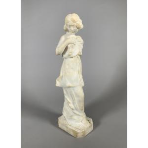 19th Century Marble Sculpture Woman With Garland Of Flowers Art Nouveau