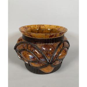 Art Deco Glass And Wrought Iron Vase Le Lorrain Nancy 20th Century