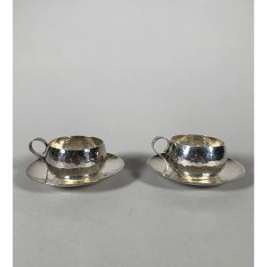 Pair Of Silver-plated Metal Cups Signed Jean Despres (1889-1980) Modernist Art Deco Style