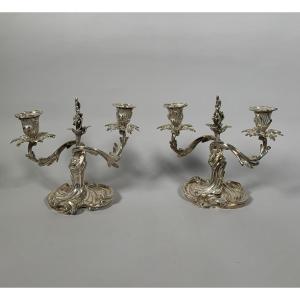Pair Of Rococo Style Candelabras In Silvered Bronze, 19th Century, Louis XV Style
