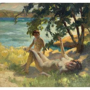 Eugène Delecluse (1882-1972). - Naiads At The Water's Edge Oil Painting On Canvas 20th Century