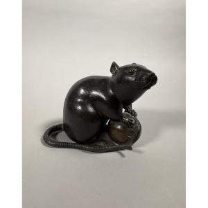 Rat A La Châtaigne Okimono - Bronze - Japon - Période Meiji (1868–1912) XIXeme Siecle