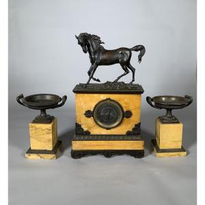 Charles X Style Fireplace Set With Horse Clock And Pair Of Cassolettes