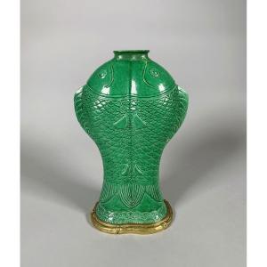 Monochrome Green Vase With Adjoining Carp, Kangxi Period (1662-1722)