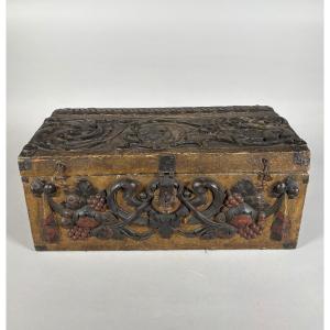 Polychrome Carved Wooden Chest, 16th Century, France