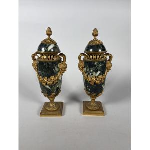 Pair Of Louis XVI Style Green Marble And Gilt Bronze Cassolettes