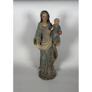 The Virgin And Child, Polychrome Carved Wood, 18th Century 