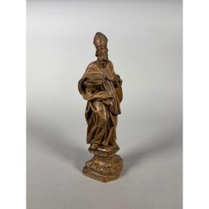 Sculpture, Saint Bishop, 17th Century - 26 Cm - Wood