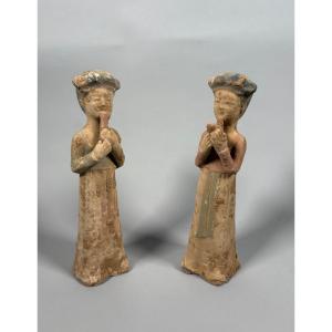 Pair Of Sculptures Of Female Musicians, Mingqi Period, China, Tang Dynasty (618-907)