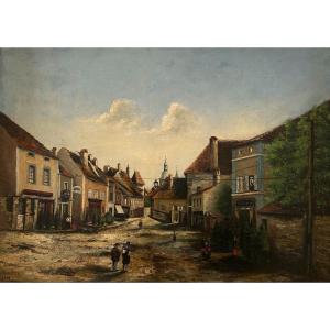 Busy Street Scene, French Village End Of XIX Century.