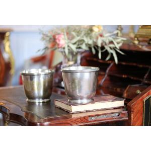 Pair Of Small Coat Of Arms Glass Coolers In Silver Metal. They Present The Brand