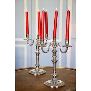 Pair Of Candelabra In Armored Silver Metal