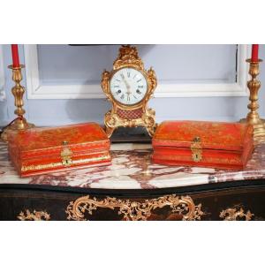 Pair Of Red And Gold Lacquered Toilet Boxes