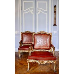 Pair Of Richly Carved Lacquered And Gilded Queen Armchairs