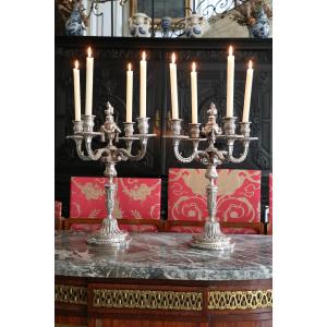 Pair Of Four-arm Plated Metal Candlesticks