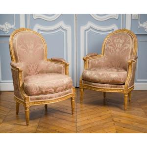 Pair Of Louis XVI Bergère Armchairs, Stamped Antoine Gailliard
