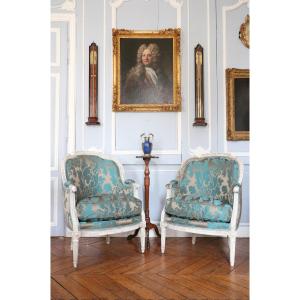 Pair Of Louis XVI Period Bergère Armchairs With Gendarme-hat Style Backs