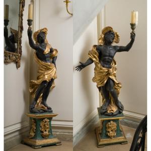 Large Pair Of Carved, Gilded And Patinated Wooden Candlesticks