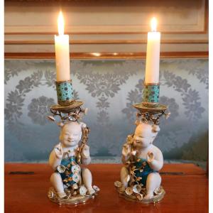 Pair Of Regency Style Candlesticks In Chinese Porcelain Mounted In Gilt Bronze