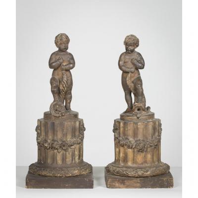 Lands Pair Representative Cooked Two Putti Each Standing On A Barrel In Column
