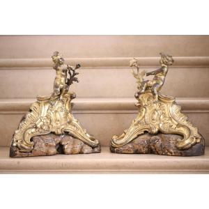 Paire De Chenets En Bronze Doré Et Ciselé