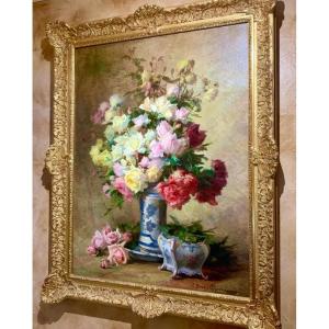 Table Of Flowers, Superb Bouquet Of Roses From Bret-charbonnier Claudia 1863-1951