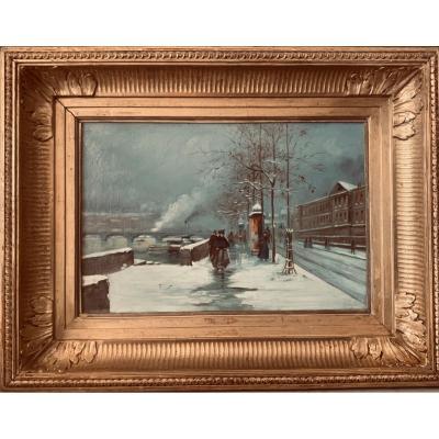 Table Representing The Quai d'Orsay Under The Snow. Oil On Canvas Unsigned.