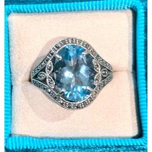 Bague Argent , Topaze Bleue Et Marcassites 