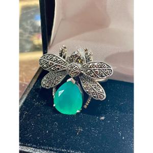 Green Agathe Silver Ring