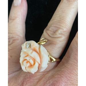 Coral Diamond And Gold Ring