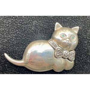 Broche Argent Marcassites émeraudes 