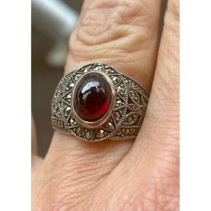 Marcasite Garnet Silver Ring 